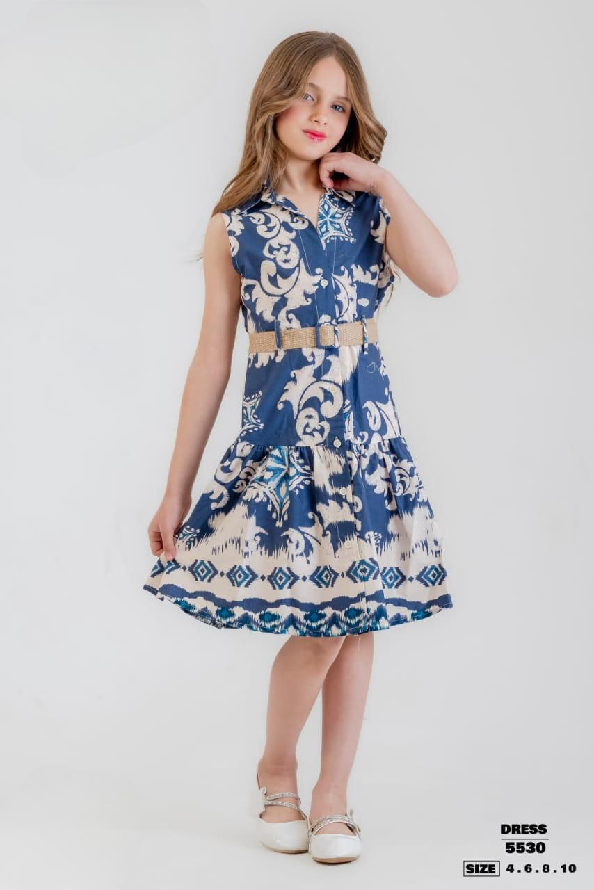 Girls’ Sleeveless blue & Beige Printed Dress with Gold Belt