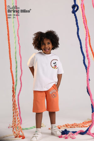 Kids Good Vibes graphic t-shirt and orange shorts summer outfit for ages 2-4 - Bubbles Kidswear Egypt