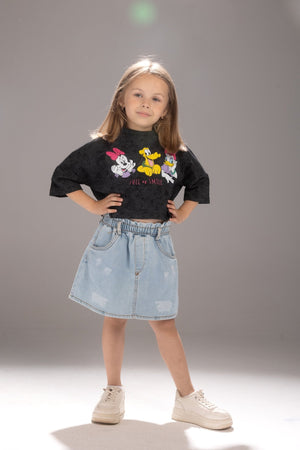 Girls colorful cartoon print cropped sweatshirt and denim skirt set for ages 3-7 - Bubbles Kidswear Egypt