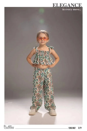 Girls smocked crop top and wide-leg pants set with vibrant summer print for ages 3-7 - Bubbles Kidswear Egypt