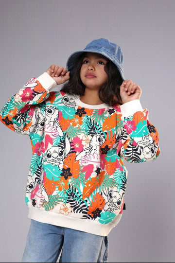 Girls’ Stitch Floral Print Sweatshirt – Colorful Oversized Crewneck Casual Top