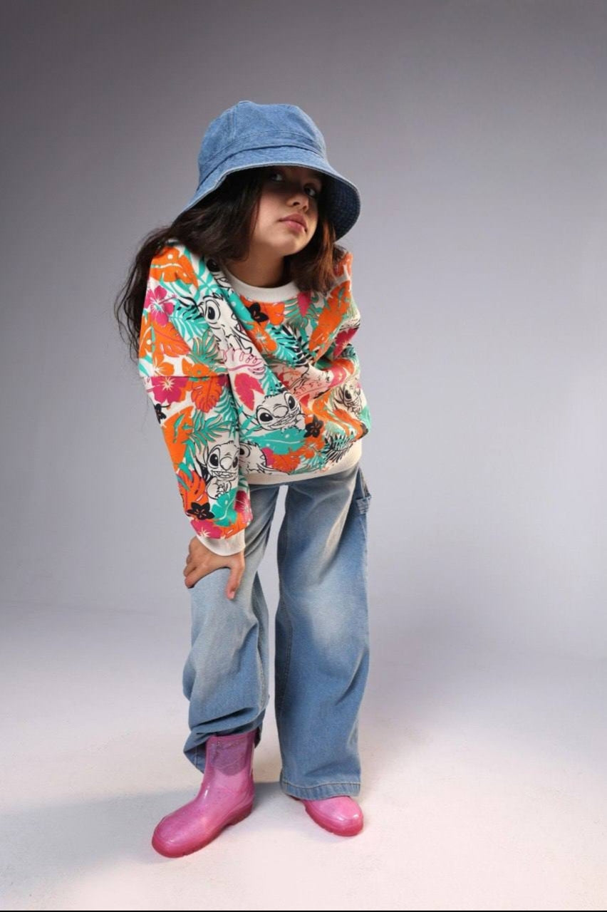 Girls’ Stitch Floral Print Sweatshirt – Colorful Oversized Crewneck Casual Top