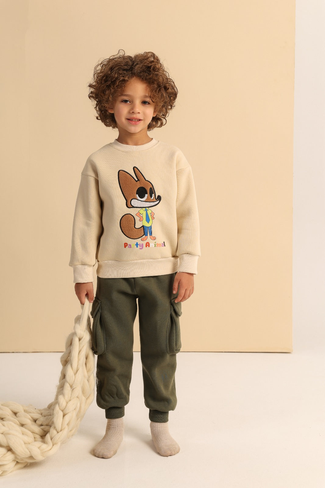 Kids’ Animal Graphic Sweatshirt with Cargo Jogger Pants – Beige & Olive Green Set