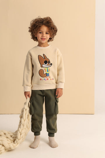 Kids’ Animal Graphic Sweatshirt with Cargo Jogger Pants – Beige & Olive Green Set