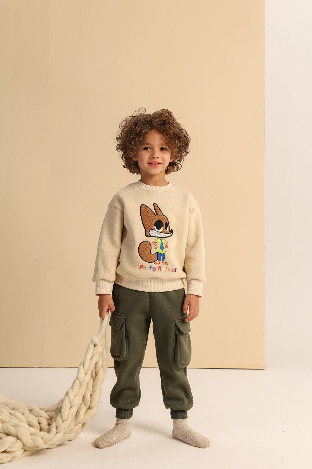 Kids’ Animal Graphic Sweatshirt with Cargo Jogger Pants – Beige & Olive Green Set