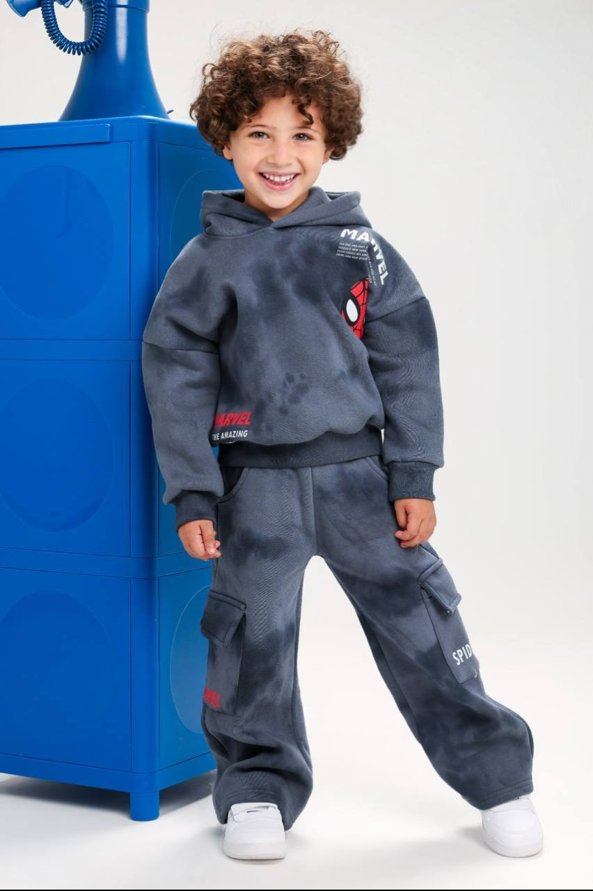 Boys’ Spider-Man Hoodie & Cargo Jogger Set – Charcoal Grey Marvel 2-Piece Tracksuit