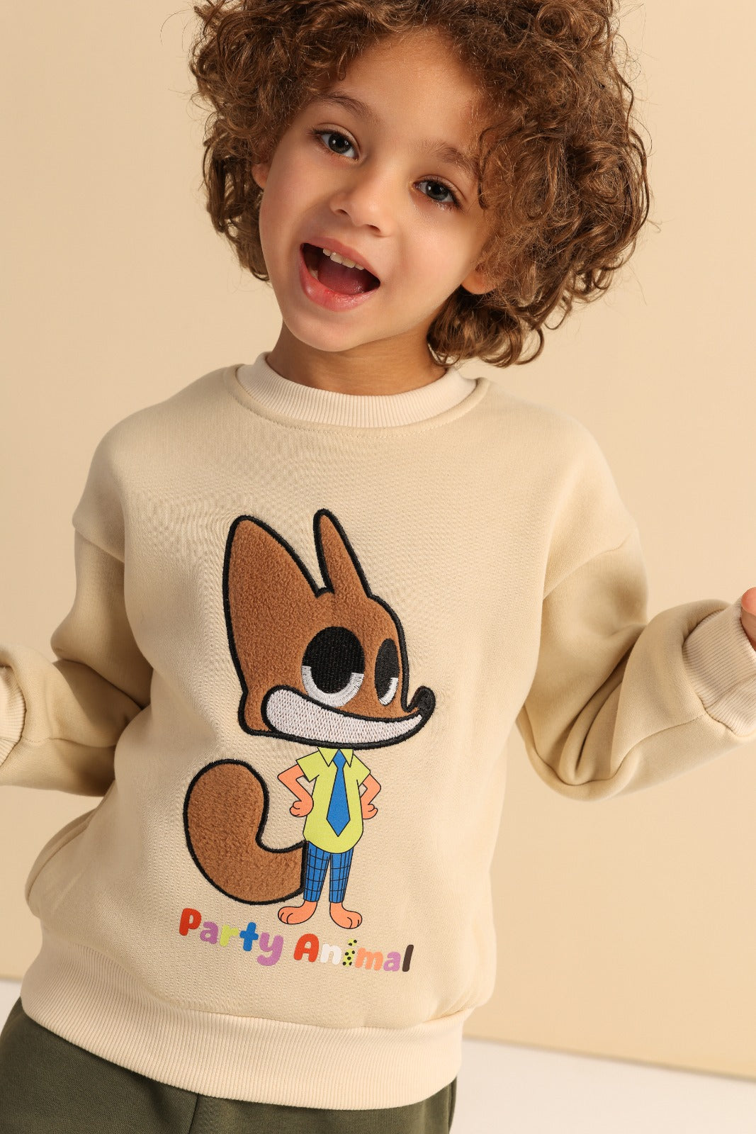 Kids’ Animal Graphic Sweatshirt with Cargo Jogger Pants – Beige & Olive Green Set