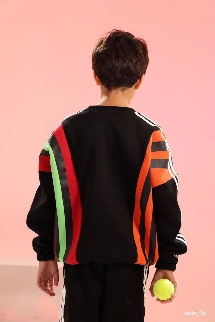 Boys’ Black 2-Piece Tracksuit Set with Color-Block Stripes & Sporty Sweatshirt