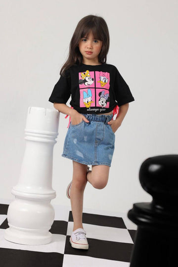 Girls Graphic Black T-Shirt & Denim Skirt Set – Casual Summer Outfit
