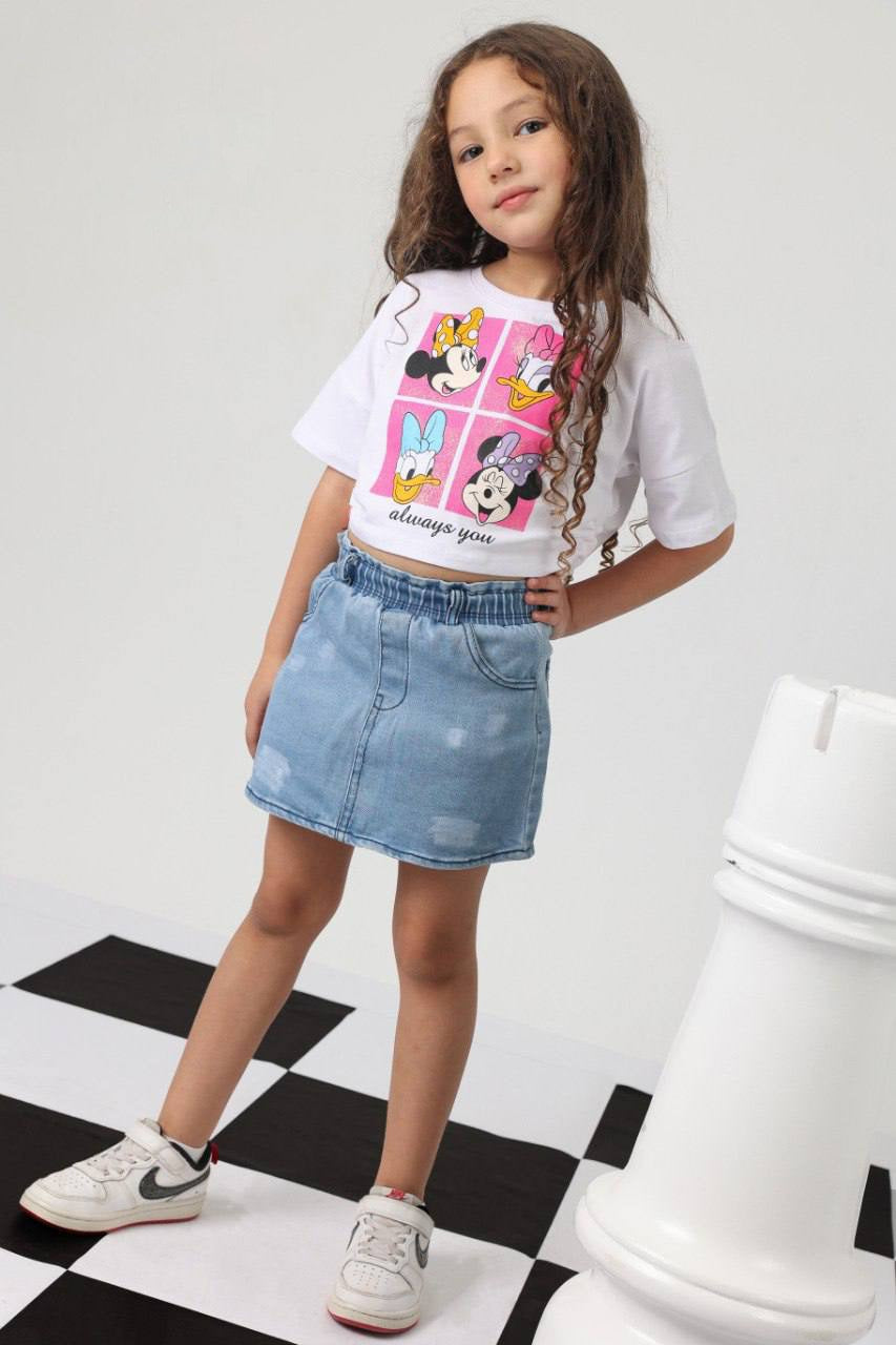 Girls Graphic T-Shirt & Denim Skirt Set – White Summer Casual Outfit