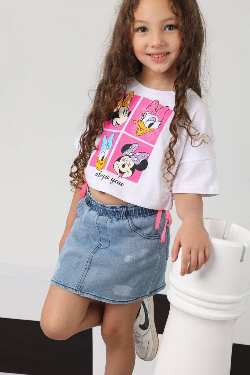 Girls Graphic T-Shirt & Denim Skirt Set – White Summer Casual Outfit