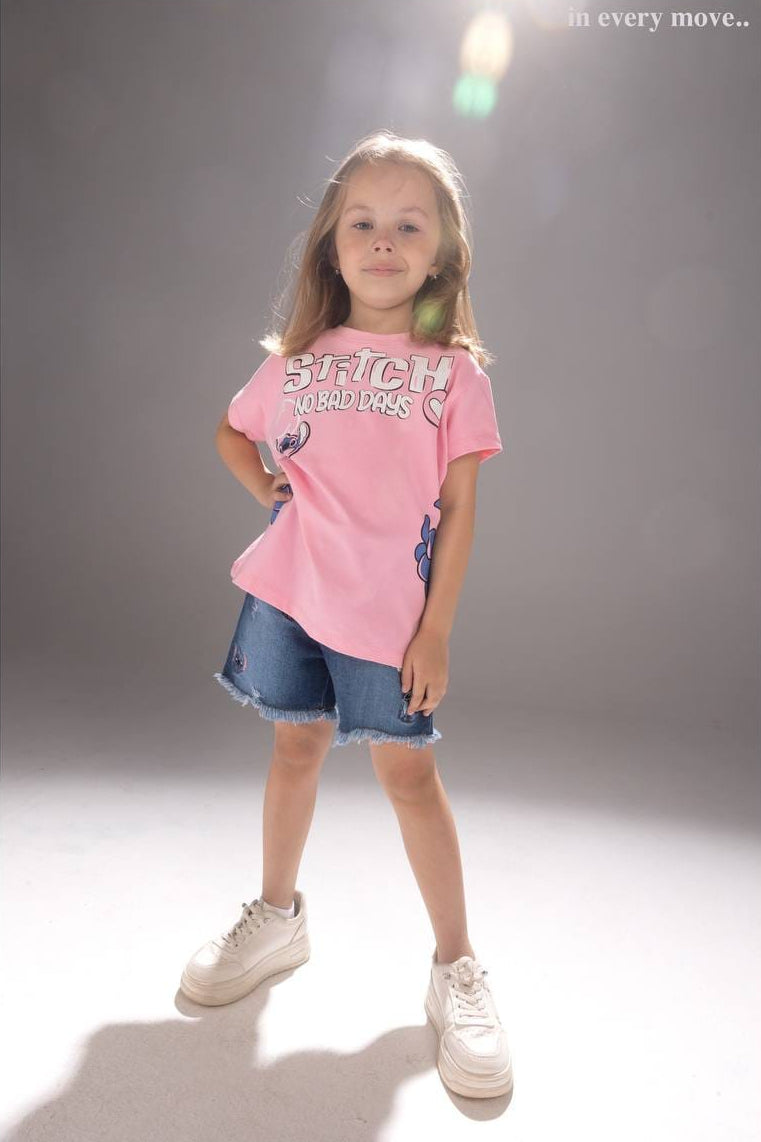 Girls Butterfly Graphic T-Shirt & Denim Shorts Set – Pink Summer Outfit