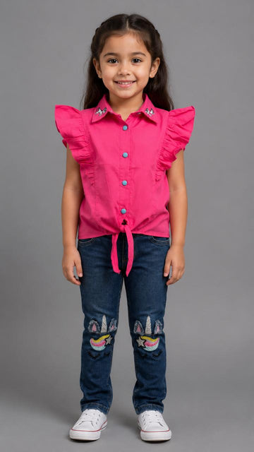 Girls Ruffle Sleeve Shirt & Denim Jeans Set – Pink Casual Outfit