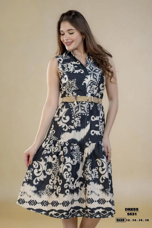 Sleeveless Black & Beige Printed Dress with Gold Belt