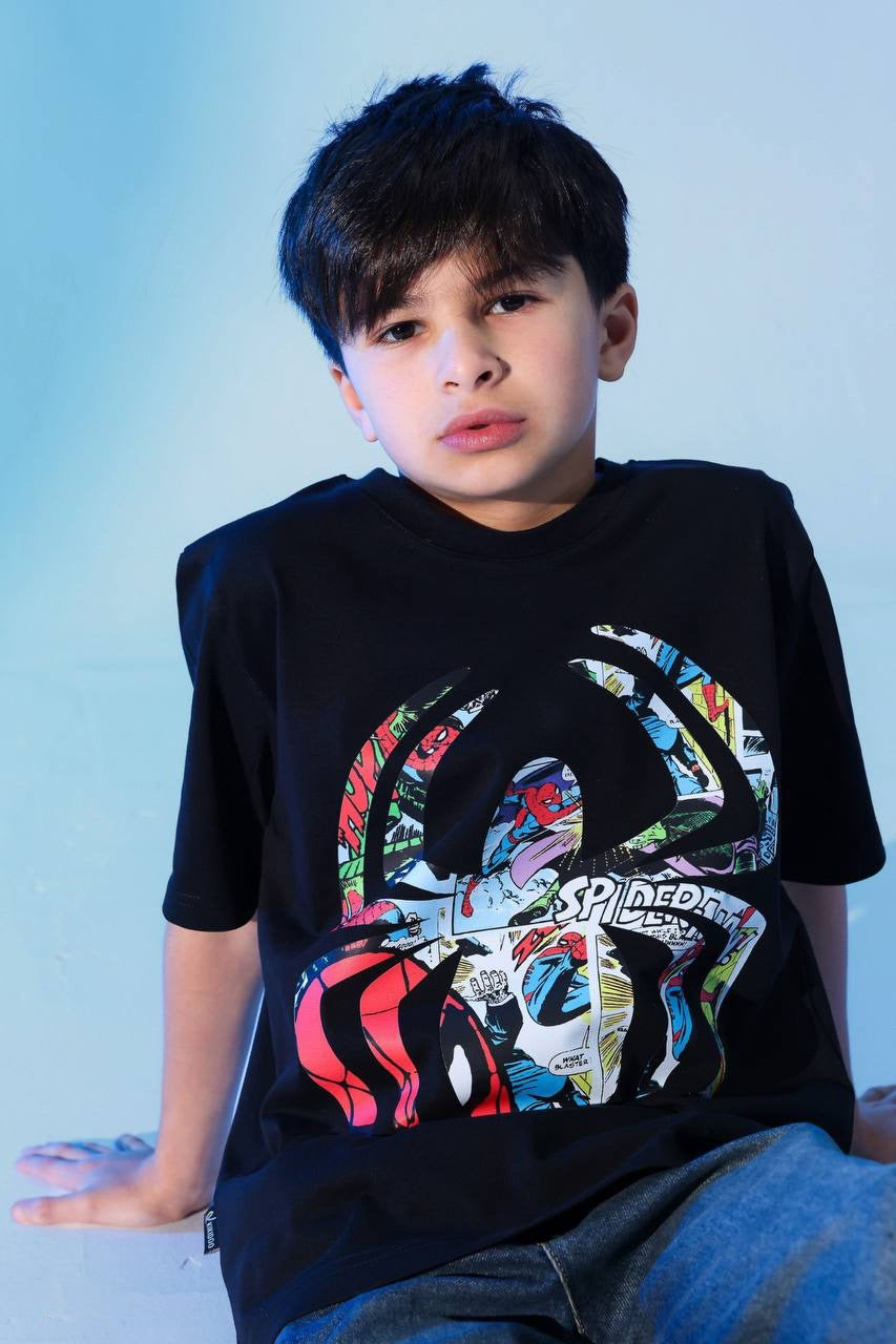 Boys Black Spider Art Graphic T-Shirt – Casual Short Sleeve Cotton Tee