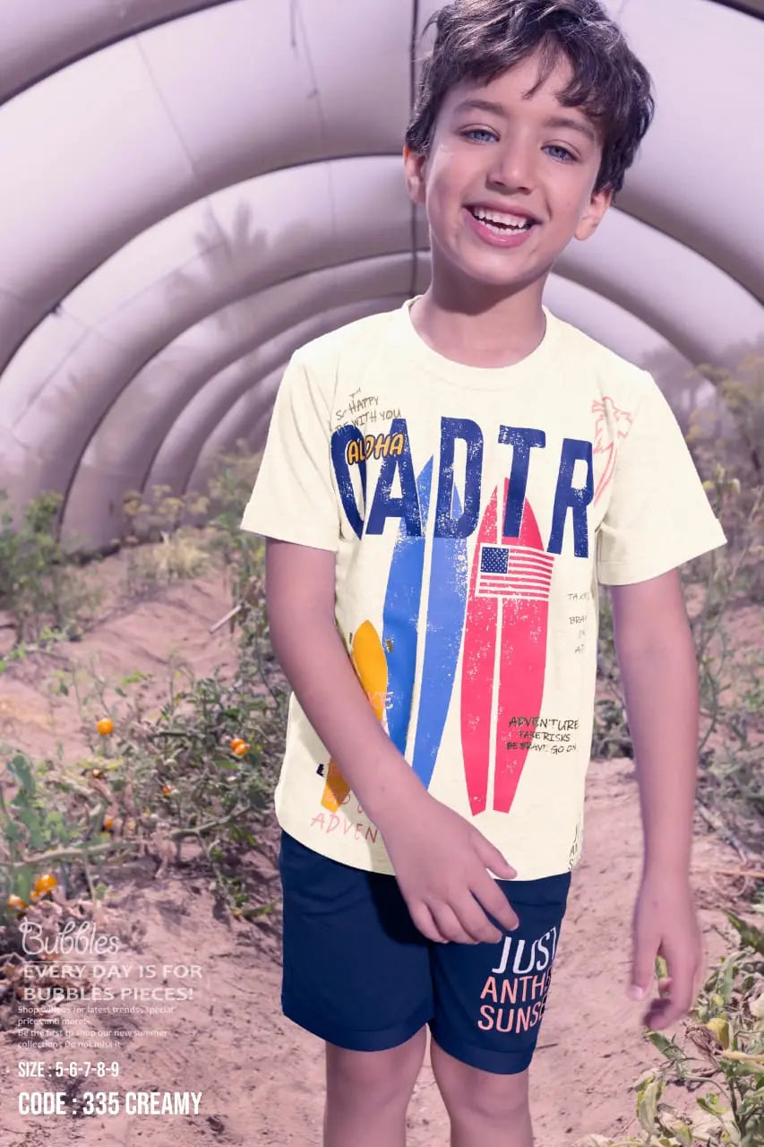 Boys cactus adventure cotton t-shirt and shorts set cream and navy for ages 5-9 - Bubbles Kidswear Egypt
