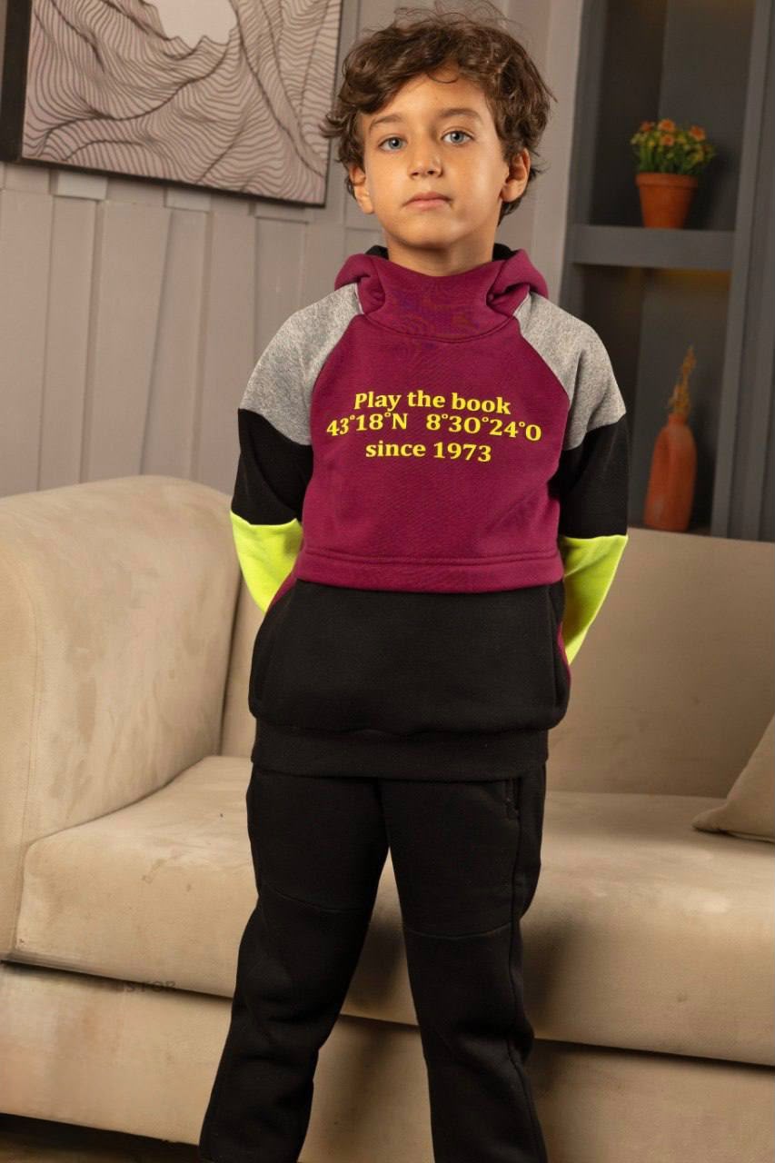 Boys’ Color-Block Hoodie & Jogger Set – Burgundy, Black & Neon Yellow 2-Piece Outfit