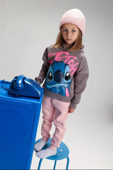 Girls’ Stitch Hoodie & Jogger Set – Pink & Grey Disney 2-Piece Tracksuit