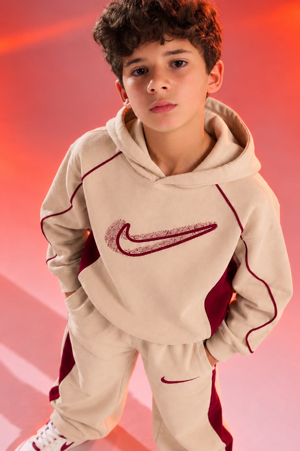Boys’ Beige and Burgundy Color Block Hoodie & Jogger Tracksuit Set
