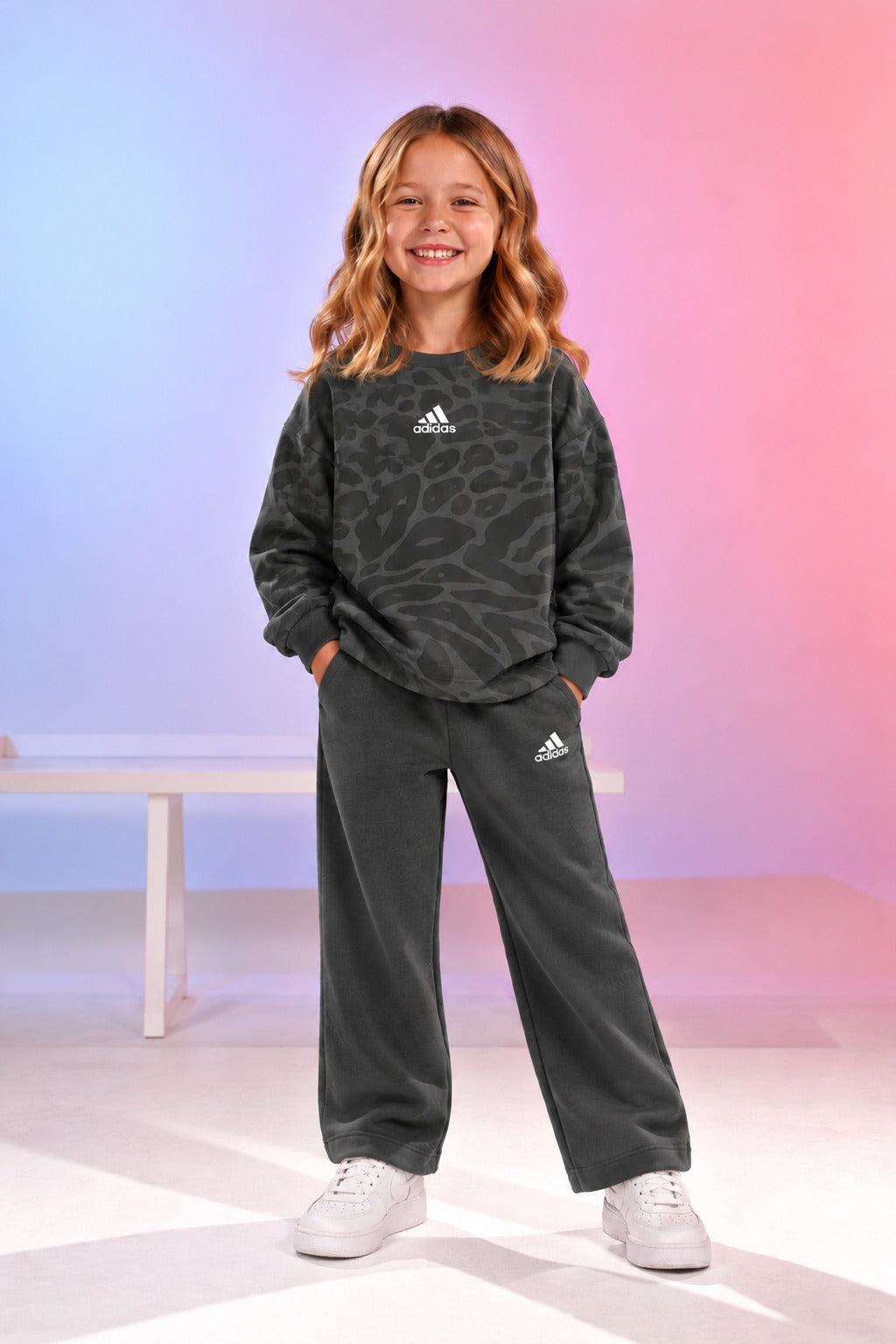 Girls’ Dark Grey Printed Sweatshirt & Wide-Leg Pants Set