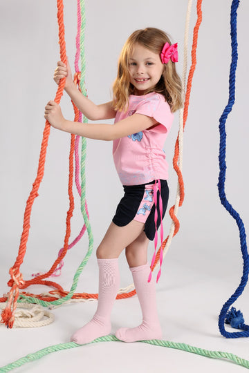 Girls Summer Pajama Set – Pink Graphic T-Shirt & Black Shorts Sleepwear