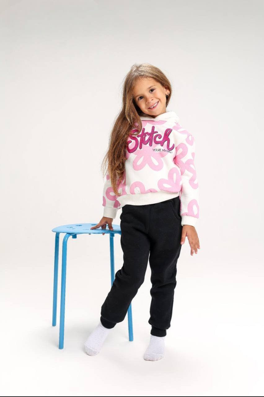 Girls’ Pink & White Stitch Graphic Hoodie with Black Jogger Pants – Cute Kids’ Outfit