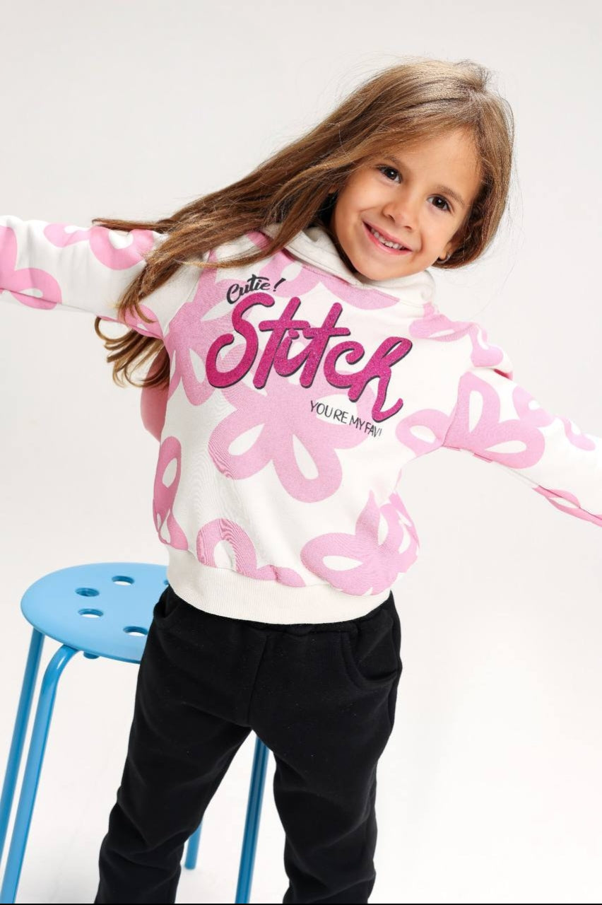 Girls’ Pink & White Stitch Graphic Hoodie with Black Jogger Pants – Cute Kids’ Outfit