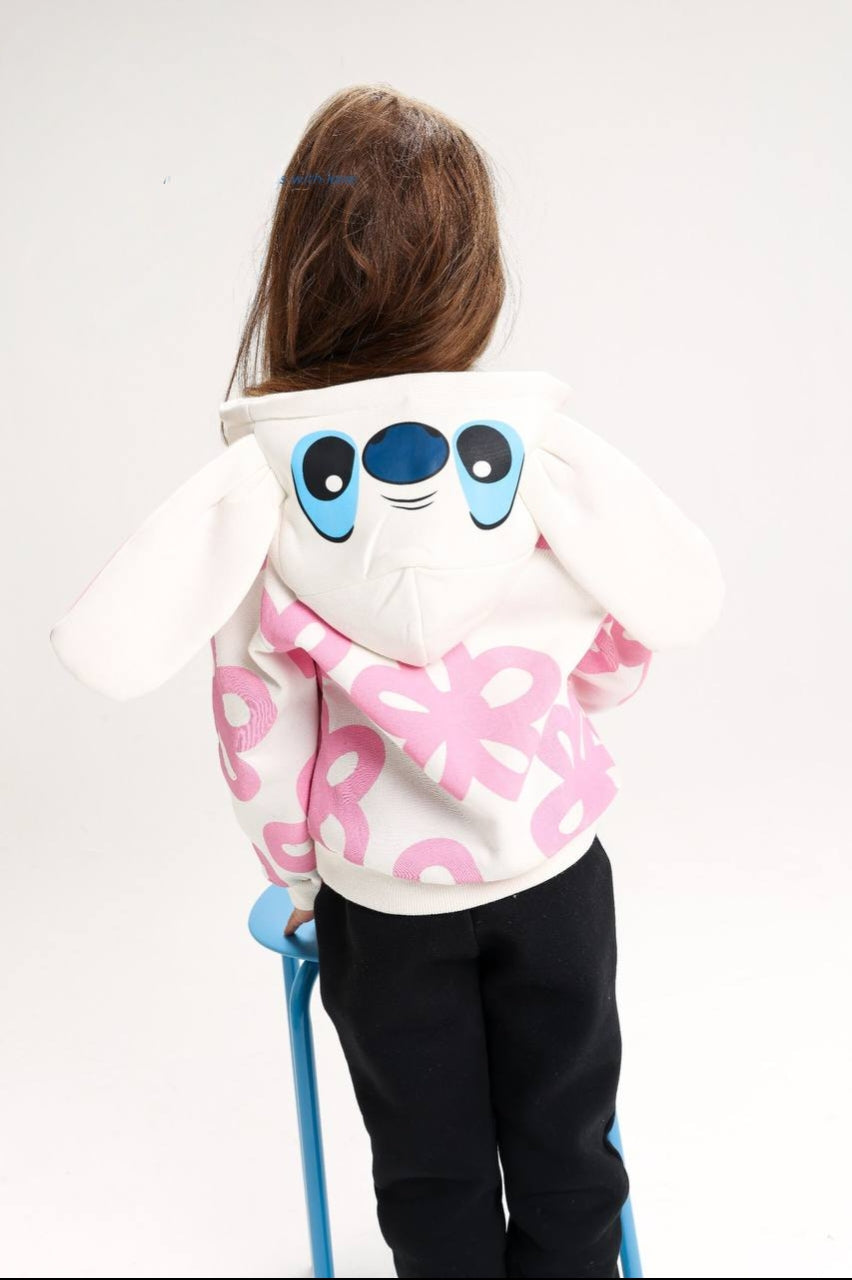 Girls’ Pink & White Stitch Graphic Hoodie with Black Jogger Pants – Cute Kids’ Outfit
