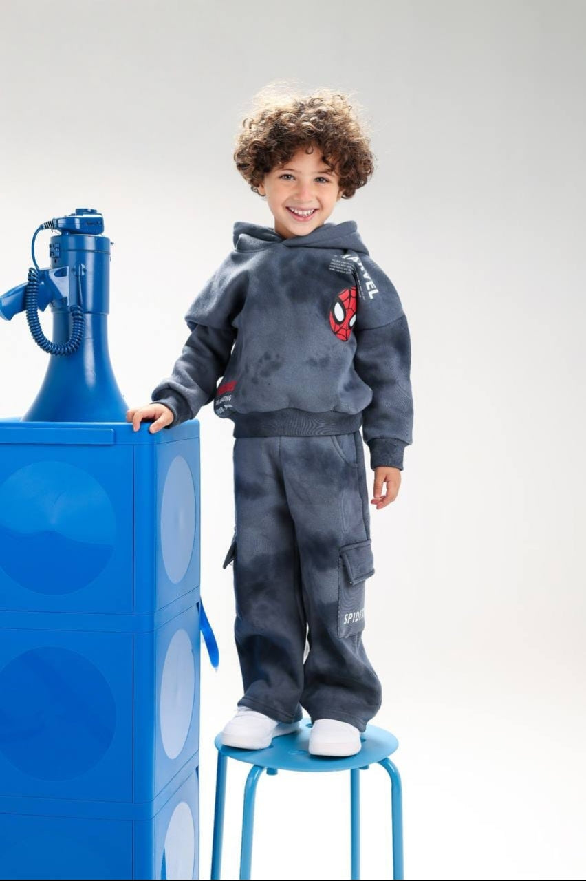 Boys’ Spider-Man Hoodie & Cargo Jogger Set – Charcoal Grey Marvel 2-Piece Tracksuit