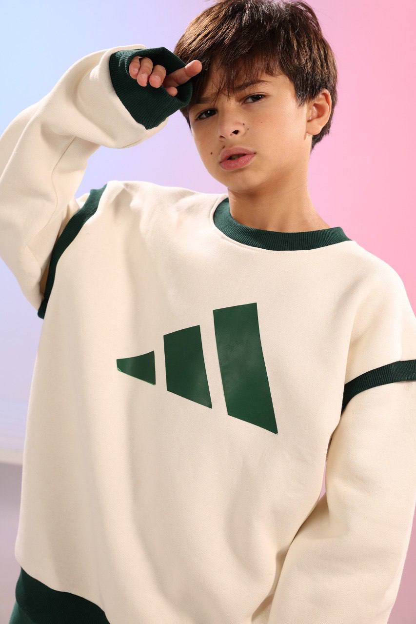 Boys’ Sports Sweatshirt & Jogger Set – Cream & Green 2-Piece Athletic Tracksuit