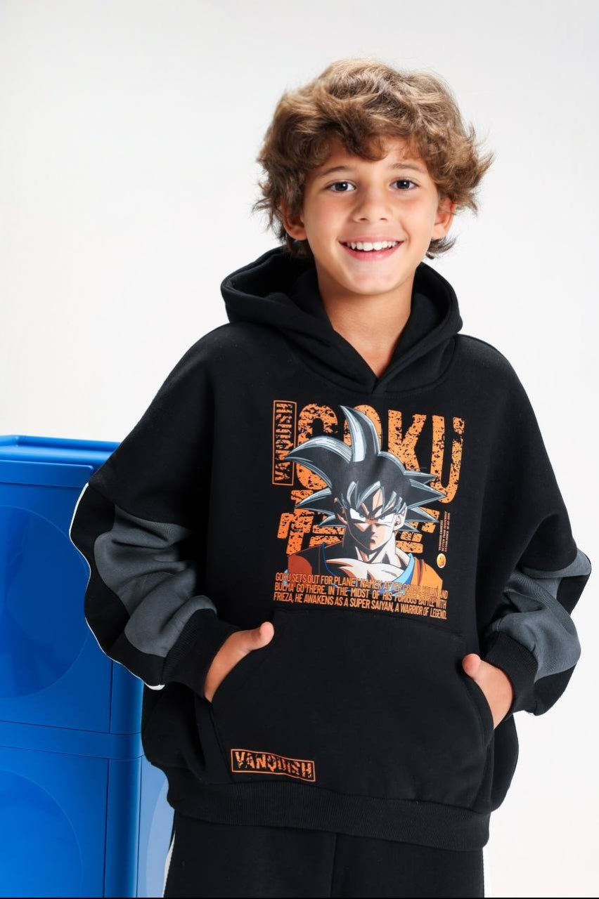 Boys’ Dragon Ball Graphic Hoodie & Jogger Set – Black Anime Tracksuit