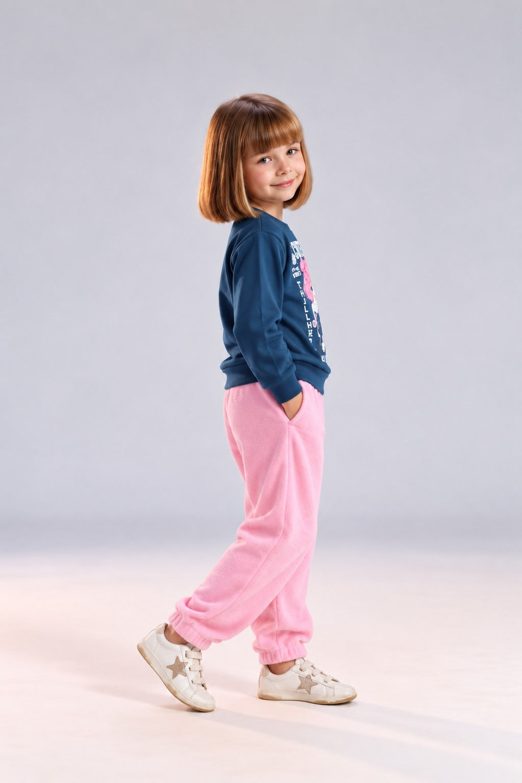 Girls’ Navy Graphic Sweatshirt & Pink Jogger Pants Set – Cute Casual Kids’ Outfit