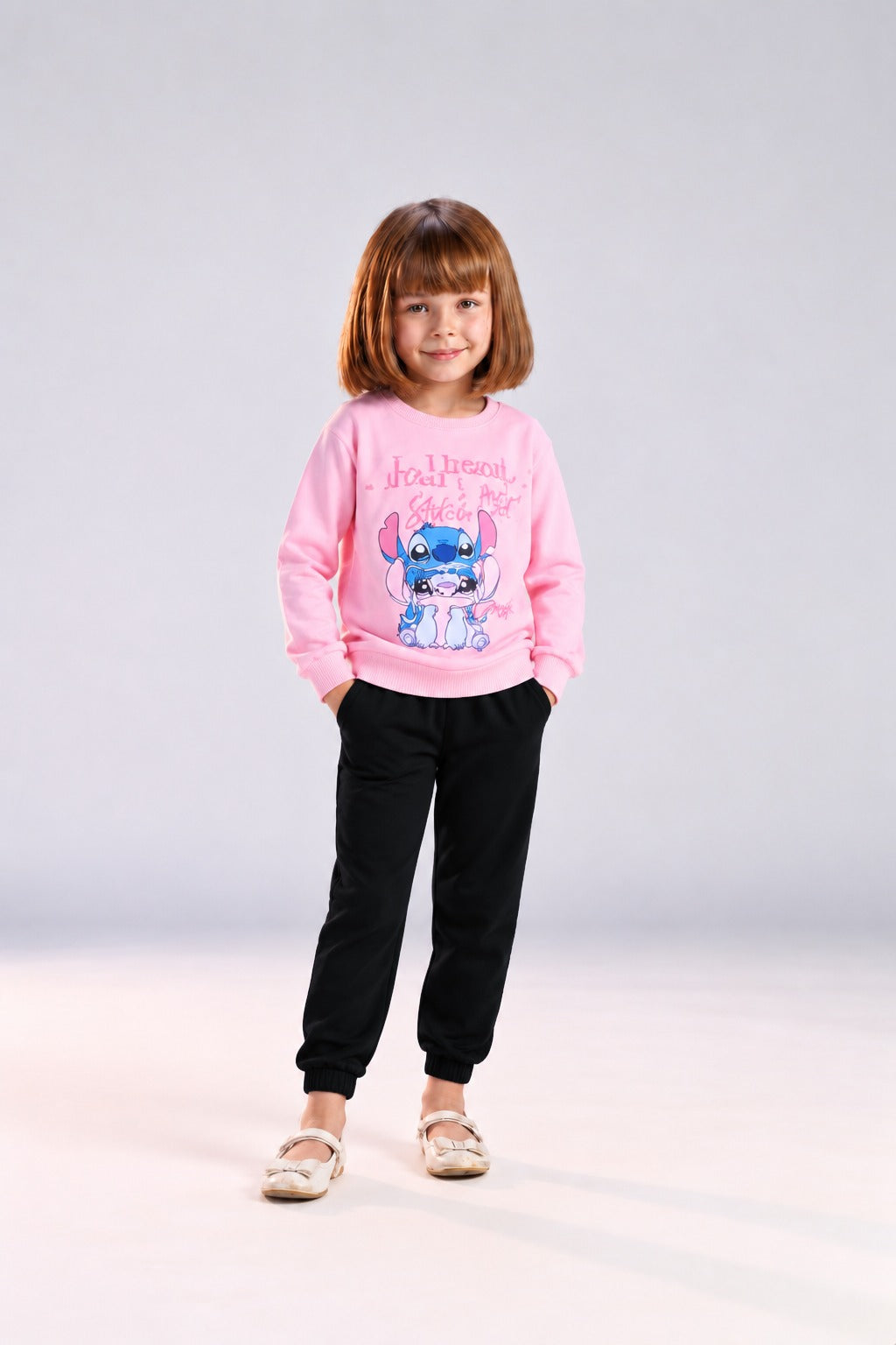 Girls’ Pink Stitch Graphic Sweatshirt & Black Jogger Pants Set – Casual Kids’ Outfit