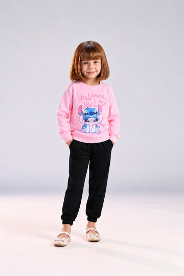 Girls’ Pink Stitch Graphic Sweatshirt & Black Jogger Pants Set – Casual Kids’ Outfit
