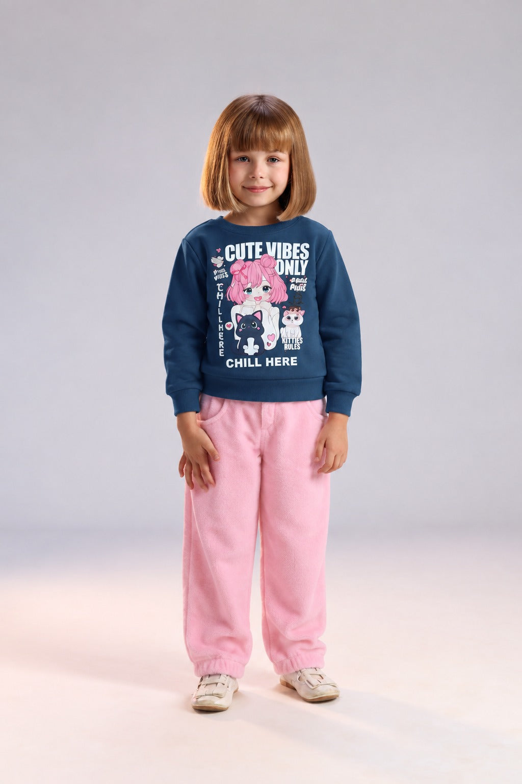 Girls’ Navy Graphic Sweatshirt & Pink Jogger Pants Set – Cute Casual Kids’ Outfit