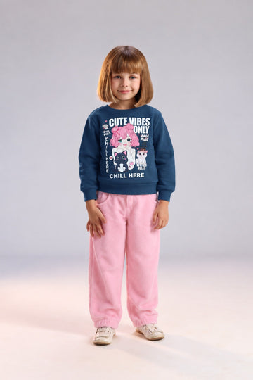 Girls’ Navy Graphic Sweatshirt & Pink Jogger Pants Set – Cute Casual Kids’ Outfit
