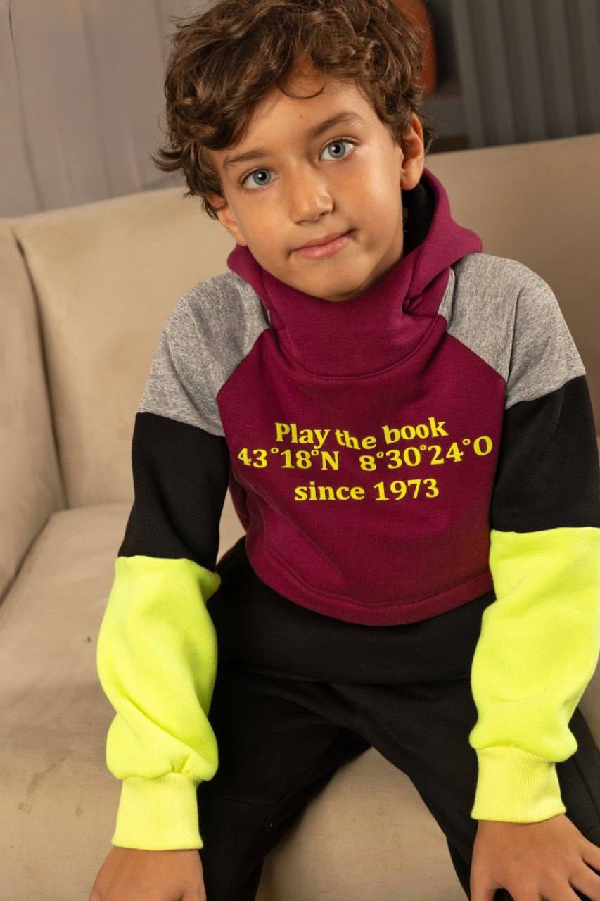 Boys’ Color-Block Hoodie & Jogger Set – Burgundy, Black & Neon Yellow 2-Piece Outfit
