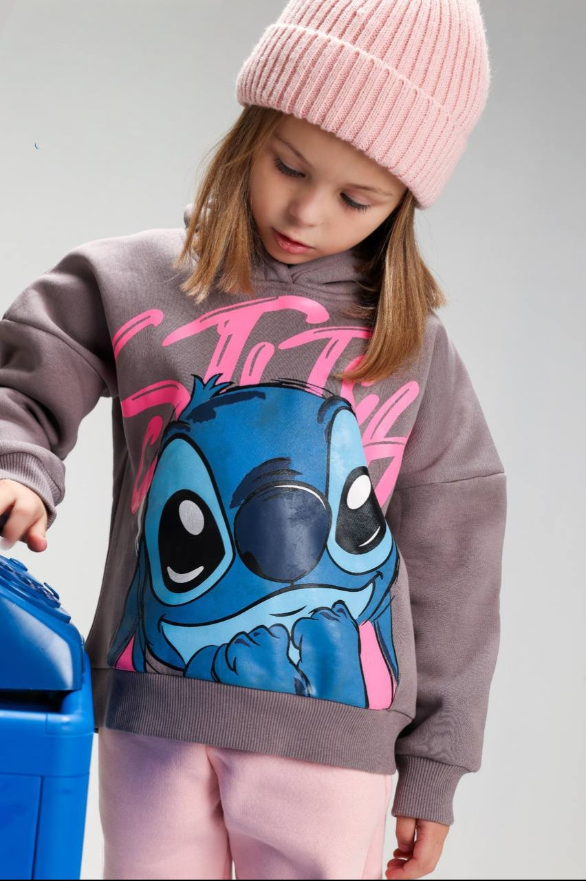 Girls’ Stitch Hoodie & Jogger Set – Pink & Grey Disney 2-Piece Tracksuit