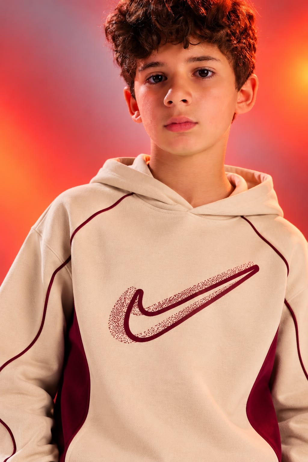Boys’ Beige and Burgundy Color Block Hoodie & Jogger Tracksuit Set