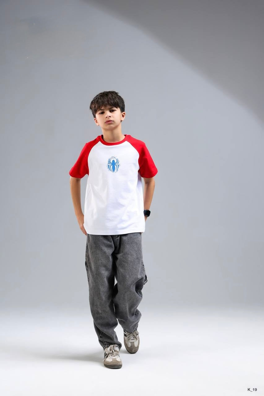 Boys Raglan Sleeve T-Shirt – White & Red Short Sleeve Casual Cotton Tee