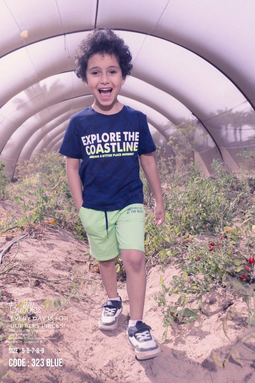 Boys Summer Pajama Set – Navy Graphic T-Shirt & Light Green Shorts