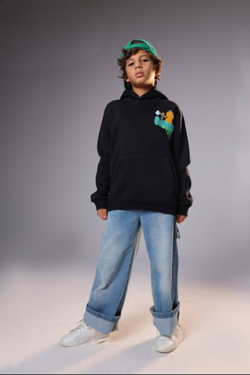 Boys’ Black Garfield Graphic Hoodie with Kangaroo Pocket – Casual Kids’ Sweatshirt