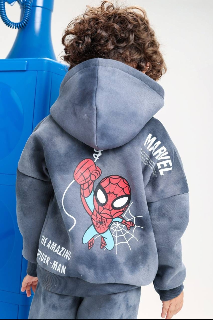 Boys’ Spider-Man Hoodie & Cargo Jogger Set – Charcoal Grey Marvel 2-Piece Tracksuit