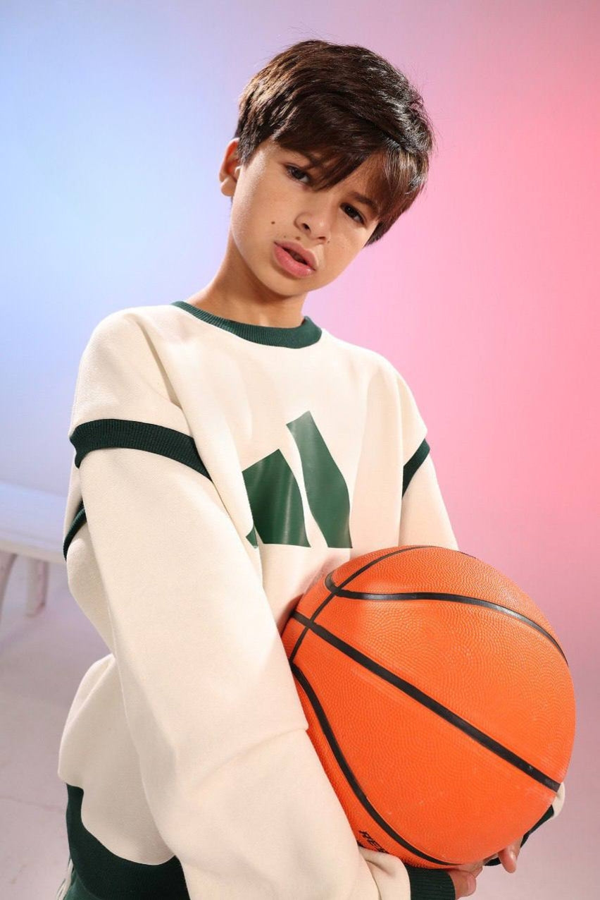 Boys’ Sports Sweatshirt & Jogger Set – Cream & Green 2-Piece Athletic Tracksuit