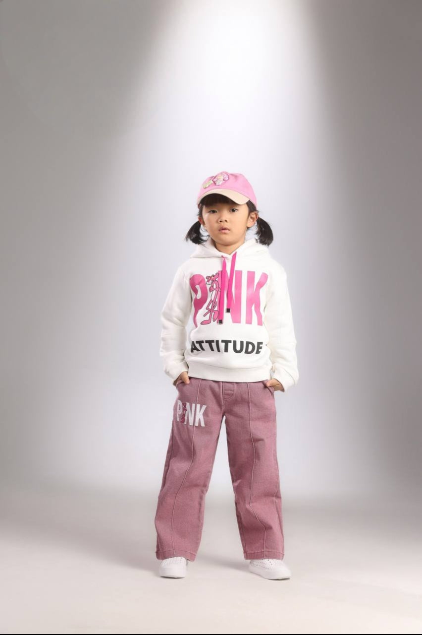 Girls’ Pink Graphic Hoodie & Wide-Leg Pants Set – Casual Kids’ Outfit