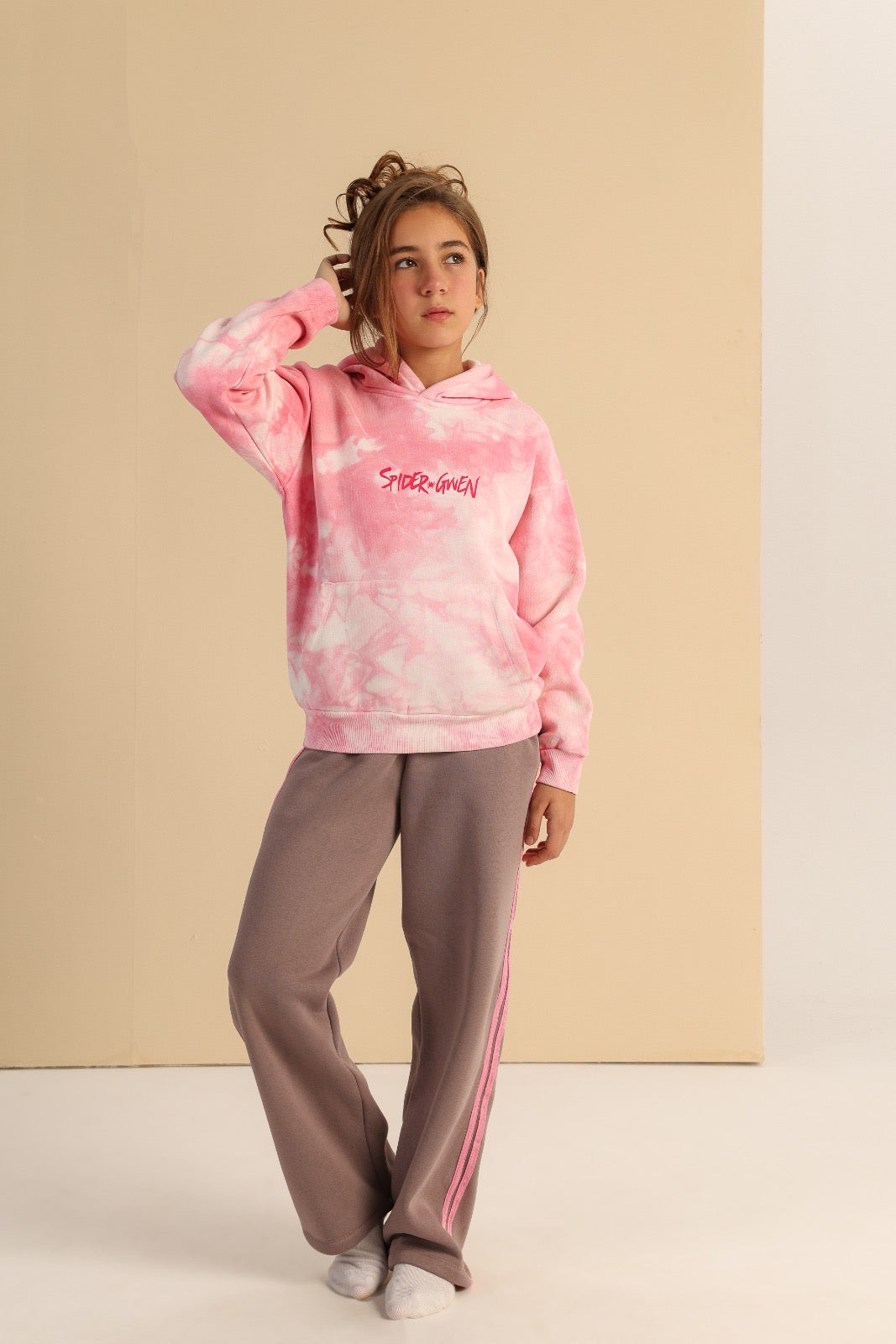 Girls’ Pink Tie-Dye Spider-Gwen Hoodie – Casual Long-Sleeve Pullover Sweatshirt