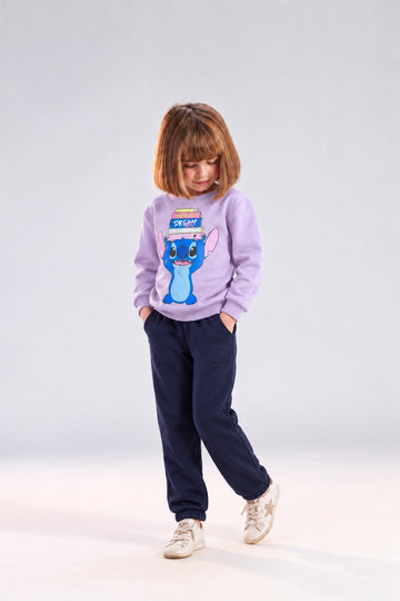 Girls’ Purple Stitch Graphic Sweatshirt & Navy Jogger Pants Set – Casual Kids’ Outfit
