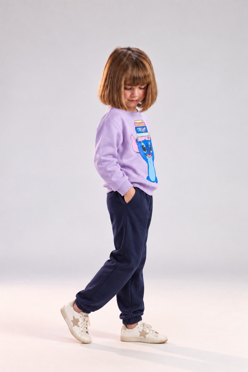 Girls’ Purple Stitch Graphic Sweatshirt & Navy Jogger Pants Set – Casual Kids’ Outfit