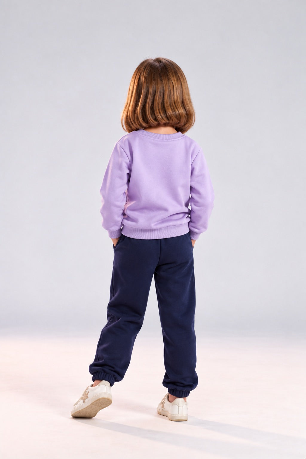 Girls’ Purple Stitch Graphic Sweatshirt & Navy Jogger Pants Set – Casual Kids’ Outfit
