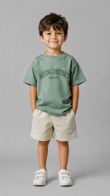 Boys Embossed Graphic T-Shirt – Soft Cotton Casual Crew Neck Tee in Sage Green